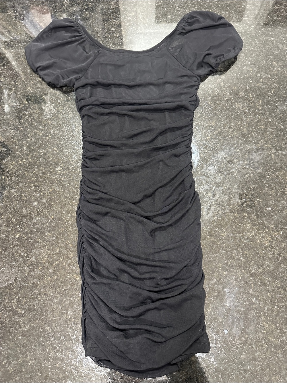 Katie J NYC Black Ruched Puff-Sleeve Mini Dress